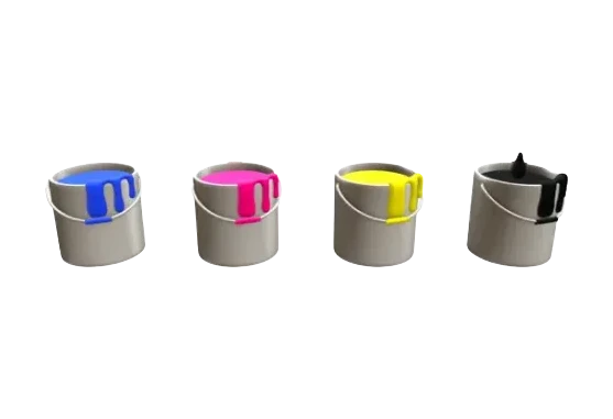 Vier verfpotten in de drukkleuren cyaan, magenta, geel en zwart